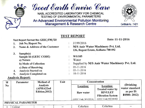 Rivulet Water Test Report